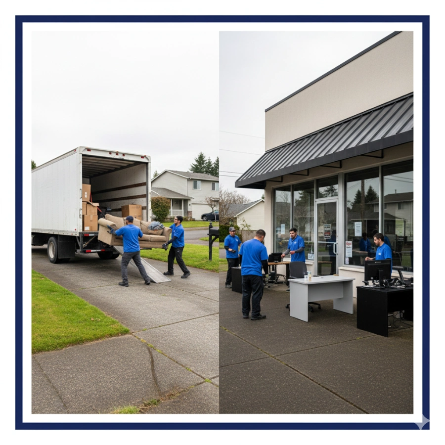 Home 8 Residential and commercial junk removal crew loading furniture and office items in Beaverton, Oregon